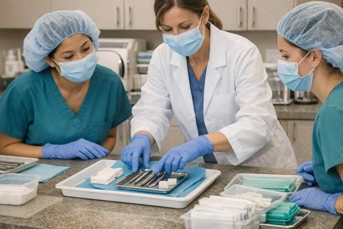 Dental assistant students learning infection control and sterilization workflow with an instructor.